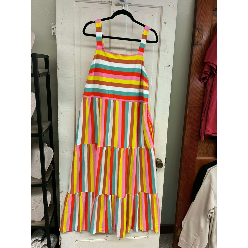 J.Crew Womens XXL Multi Color Striped Tiered Cotton Maxi Dress Pockets